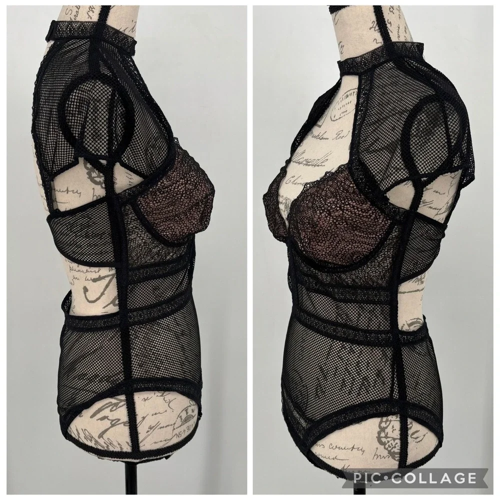 Victoria's Secret Fishnet Lace Cap-Sleeve High Neck Cutout Bodysuit Black Large